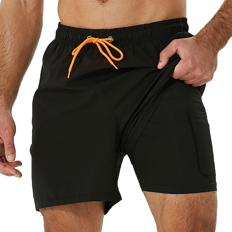 SILKWORLD Mens Shorts with Compression Liner 2 in 1 Quick-Dry Hawaiian Beach Shorts Suit Swimwear Drawstringwith Bathing Suits with Zipper Pockets