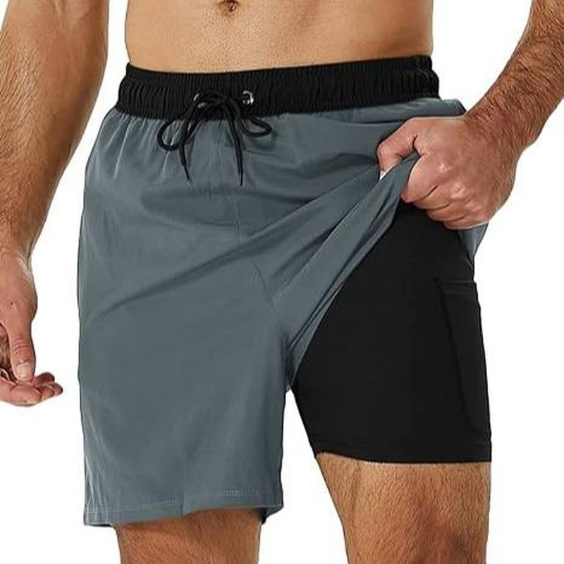 SILKWORLD Mens Shorts with Compression Liner 2 in 1 Quick-Dry Hawaiian Beach Shorts Suit Swimwear Drawstringwith Bathing Suits with Zipper Pockets