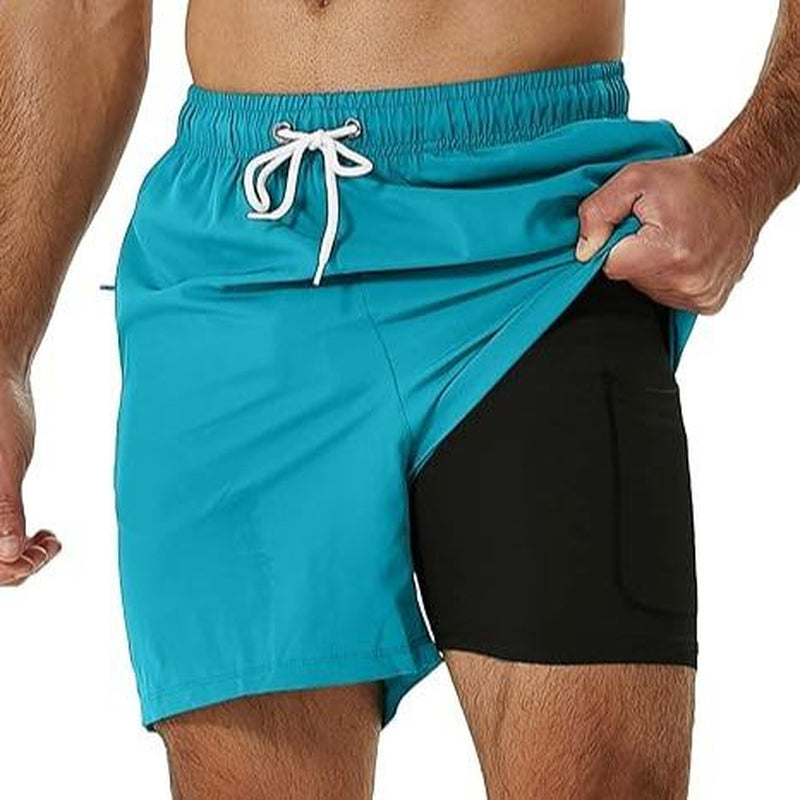 SILKWORLD Mens Shorts with Compression Liner 2 in 1 Quick-Dry Hawaiian Beach Shorts Suit Swimwear Drawstringwith Bathing Suits with Zipper Pockets