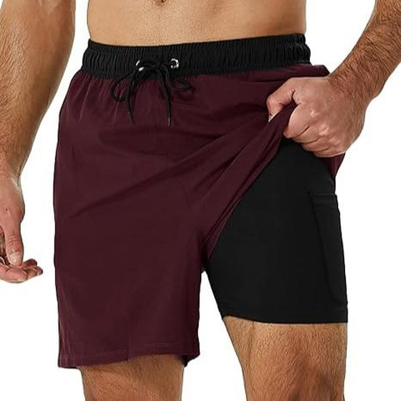 SILKWORLD Mens Shorts with Compression Liner 2 in 1 Quick-Dry Hawaiian Beach Shorts Suit Swimwear Drawstringwith Bathing Suits with Zipper Pockets