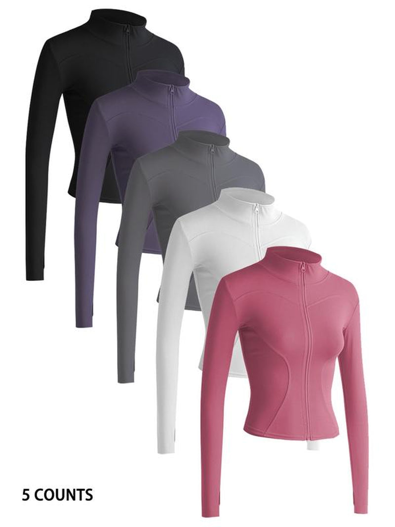 Women'S Thumb Holes Solid Zip up Mock Neck Spring Sports Jacket, Back to School Outfits, Fashion Long Sleeve Sports Outerwear for Tennis Pickleball Gym Yoga Workout Running, Define Jacket, Bbl Jackets, Women'S Sportswear Sports Wear