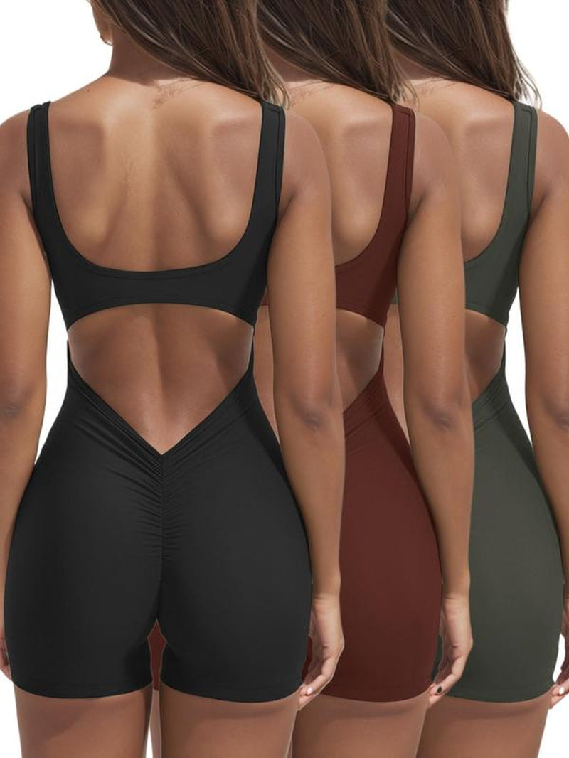 Women'S Solid Cut Out Backless Ruched Sports Romper with Removable Chest Pad Design, Gym Clothing, Comfy High Stretch Seamless Solid Sleeveless Scoop Neck Bodycon Tank Romper, Active Wear, Ladies Sportswear for Fitness Workout Gym, Back to School