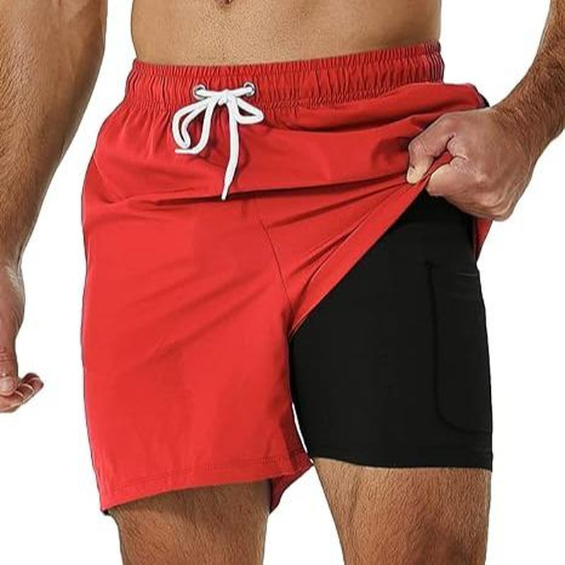 SILKWORLD Mens Shorts with Compression Liner 2 in 1 Quick-Dry Hawaiian Beach Shorts Suit Swimwear Drawstringwith Bathing Suits with Zipper Pockets