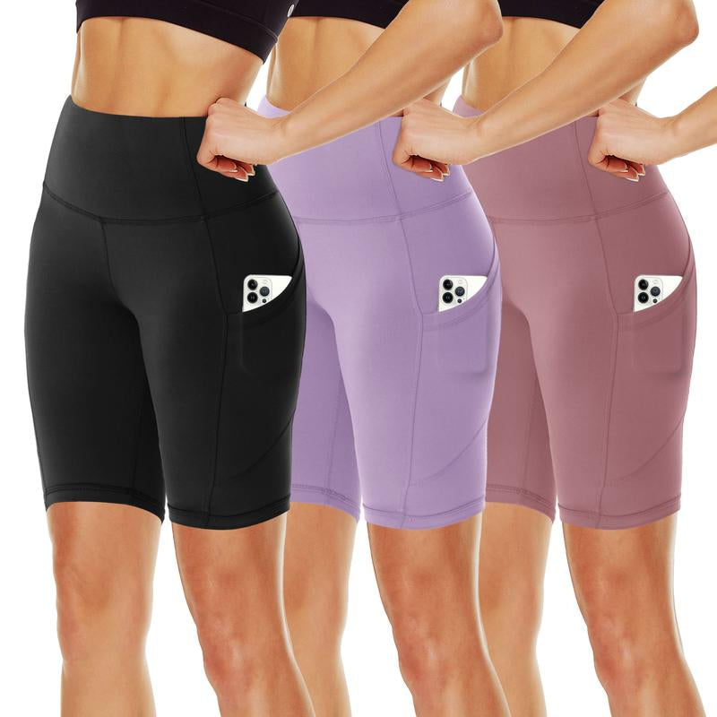 SHOWITTY 3 Pack Women'S Biker Shorts with Pockets, 11" High Waist Black Workout Sports Spandex Shorts for Gym Yoga Running Summer Clothes