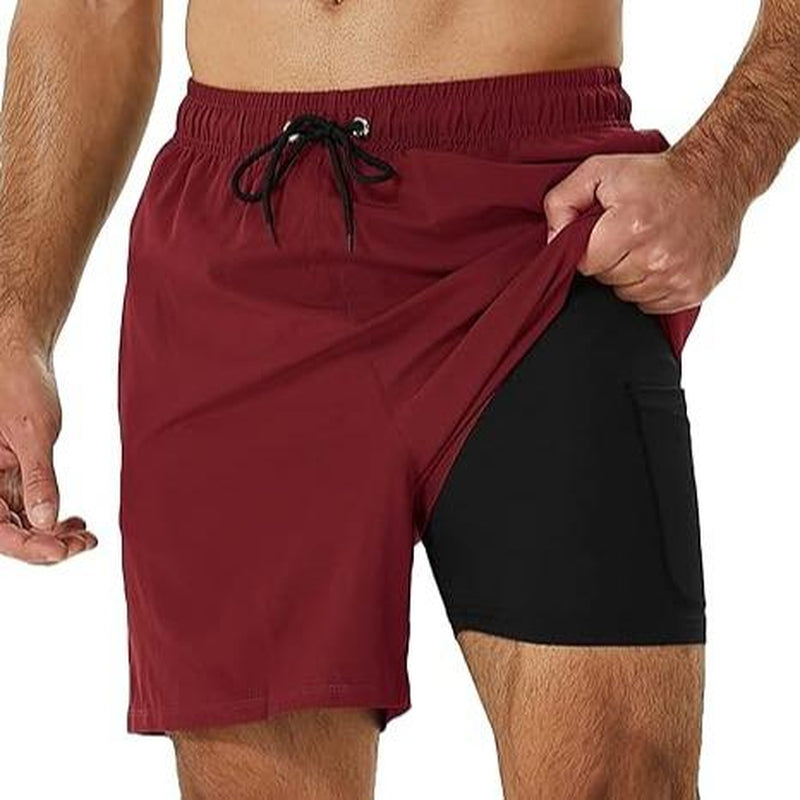 SILKWORLD Mens Shorts with Compression Liner 2 in 1 Quick-Dry Hawaiian Beach Shorts Suit Swimwear Drawstringwith Bathing Suits with Zipper Pockets