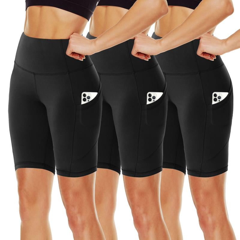 SHOWITTY 3 Pack Women'S Biker Shorts with Pockets, 11" High Waist Black Workout Sports Spandex Shorts for Gym Yoga Running Summer Clothes