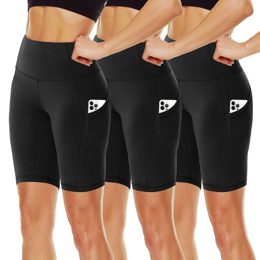 SHOWITTY 3 Pack Women'S Biker Shorts with Pockets, 11" High Waist Black Workout Sports Spandex Shorts for Gym Yoga Running Summer Clothes