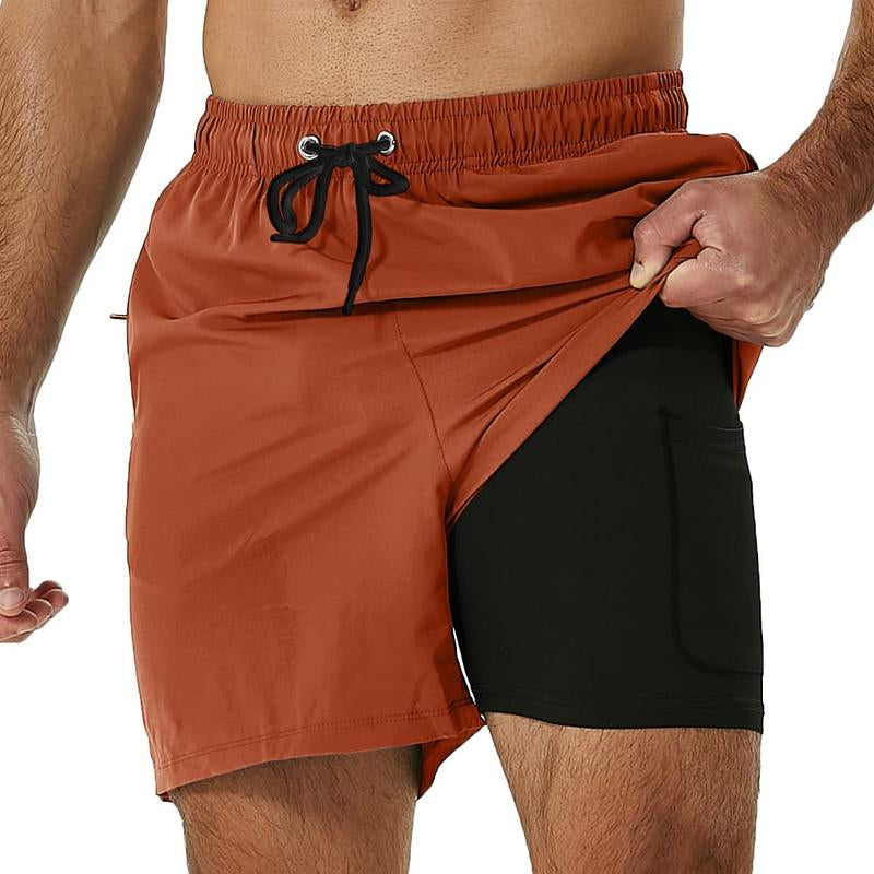 SILKWORLD Mens Shorts with Compression Liner 2 in 1 Quick-Dry Hawaiian Beach Shorts Suit Swimwear Drawstringwith Bathing Suits with Zipper Pockets