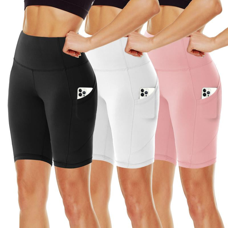 SHOWITTY 3 Pack Women'S Biker Shorts with Pockets, 11" High Waist Black Workout Sports Spandex Shorts for Gym Yoga Running Summer Clothes