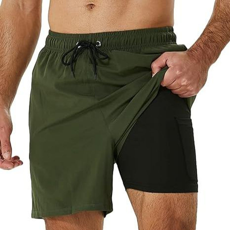 SILKWORLD Mens Shorts with Compression Liner 2 in 1 Quick-Dry Hawaiian Beach Shorts Suit Swimwear Drawstringwith Bathing Suits with Zipper Pockets