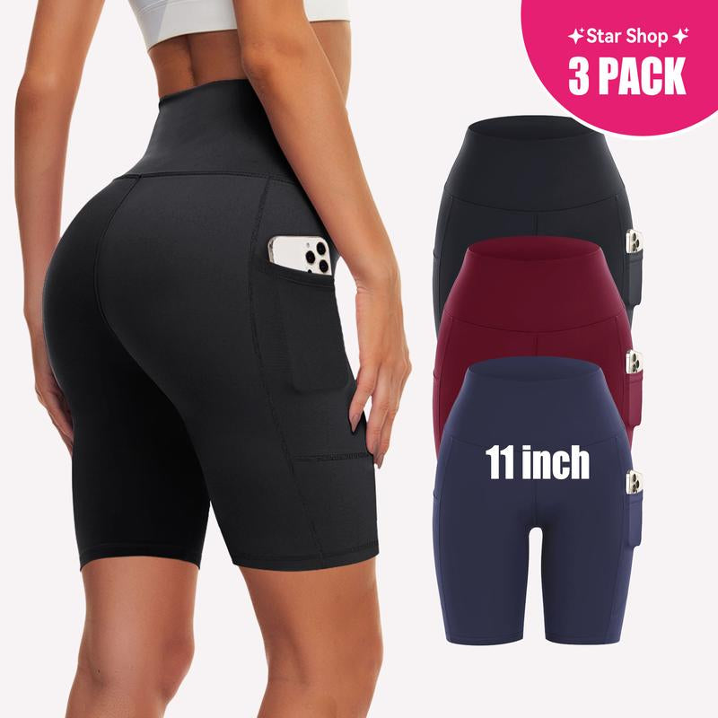 SHOWITTY 3 Pack Women'S Biker Shorts with Pockets, 11" High Waist Black Workout Sports Spandex Shorts for Gym Yoga Running Summer Clothes