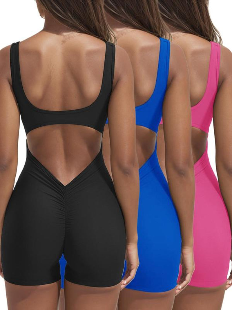 Women'S Solid Cut Out Backless Ruched Sports Romper with Removable Chest Pad Design, Gym Clothing, Comfy High Stretch Seamless Solid Sleeveless Scoop Neck Bodycon Tank Romper, Active Wear, Ladies Sportswear for Fitness Workout Gym, Back to School