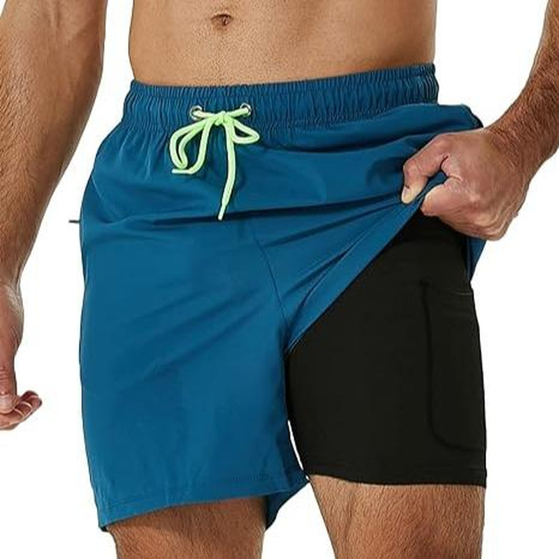 SILKWORLD Mens Shorts with Compression Liner 2 in 1 Quick-Dry Hawaiian Beach Shorts Suit Swimwear Drawstringwith Bathing Suits with Zipper Pockets
