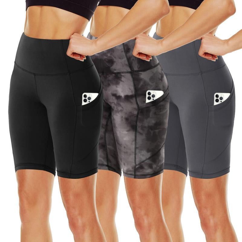 SHOWITTY 3 Pack Women'S Biker Shorts with Pockets, 11" High Waist Black Workout Sports Spandex Shorts for Gym Yoga Running Summer Clothes