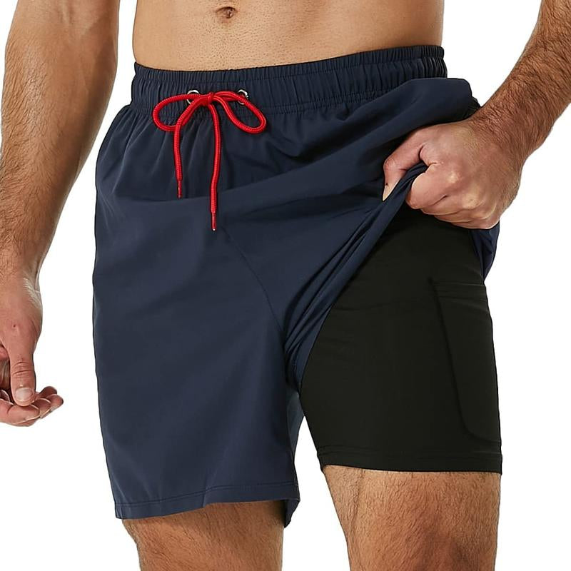 SILKWORLD Mens Shorts with Compression Liner 2 in 1 Quick-Dry Hawaiian Beach Shorts Suit Swimwear Drawstringwith Bathing Suits with Zipper Pockets