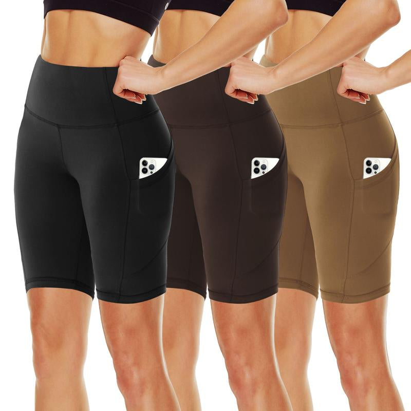 SHOWITTY 3 Pack Women'S Biker Shorts with Pockets, 11" High Waist Black Workout Sports Spandex Shorts for Gym Yoga Running Summer Clothes