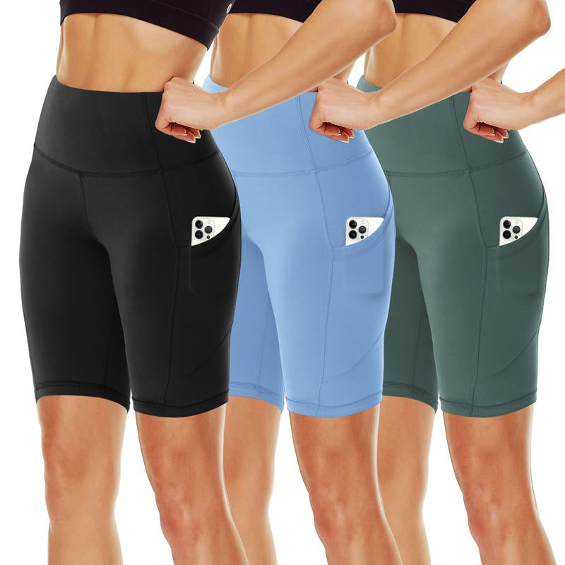 SHOWITTY 3 Pack Women'S Biker Shorts with Pockets, 11" High Waist Black Workout Sports Spandex Shorts for Gym Yoga Running Summer Clothes