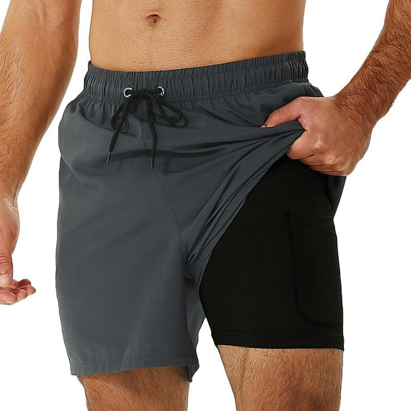 SILKWORLD Mens Shorts with Compression Liner 2 in 1 Quick-Dry Hawaiian Beach Shorts Suit Swimwear Drawstringwith Bathing Suits with Zipper Pockets