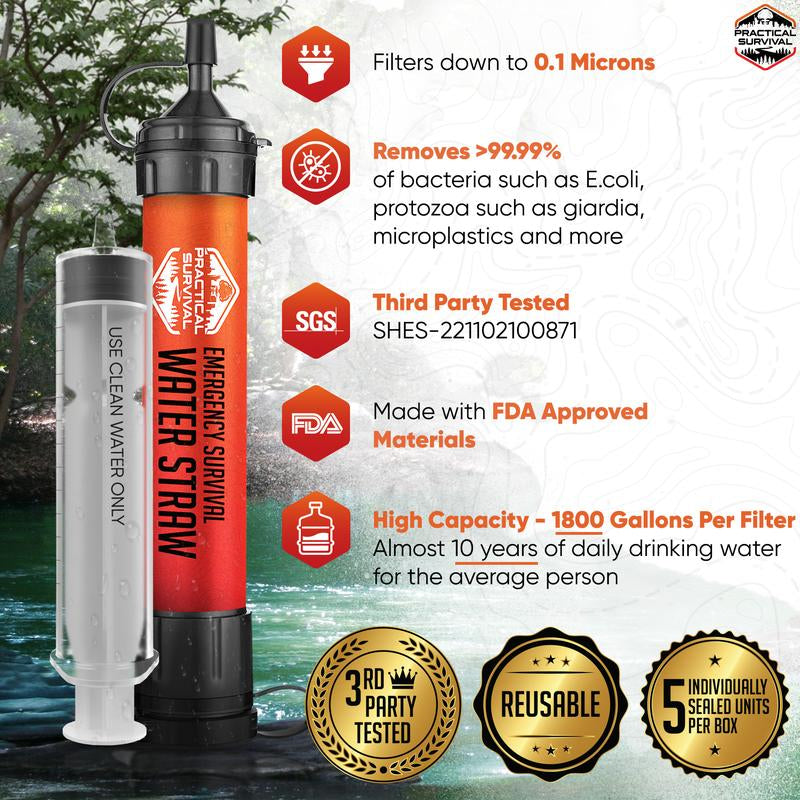 5 or 2 High Capacity Emergency Survival Water Straws - Personal Filter for Camping, Hiking, Travel Biking, Survival Preparedness, Lightweight Reusable