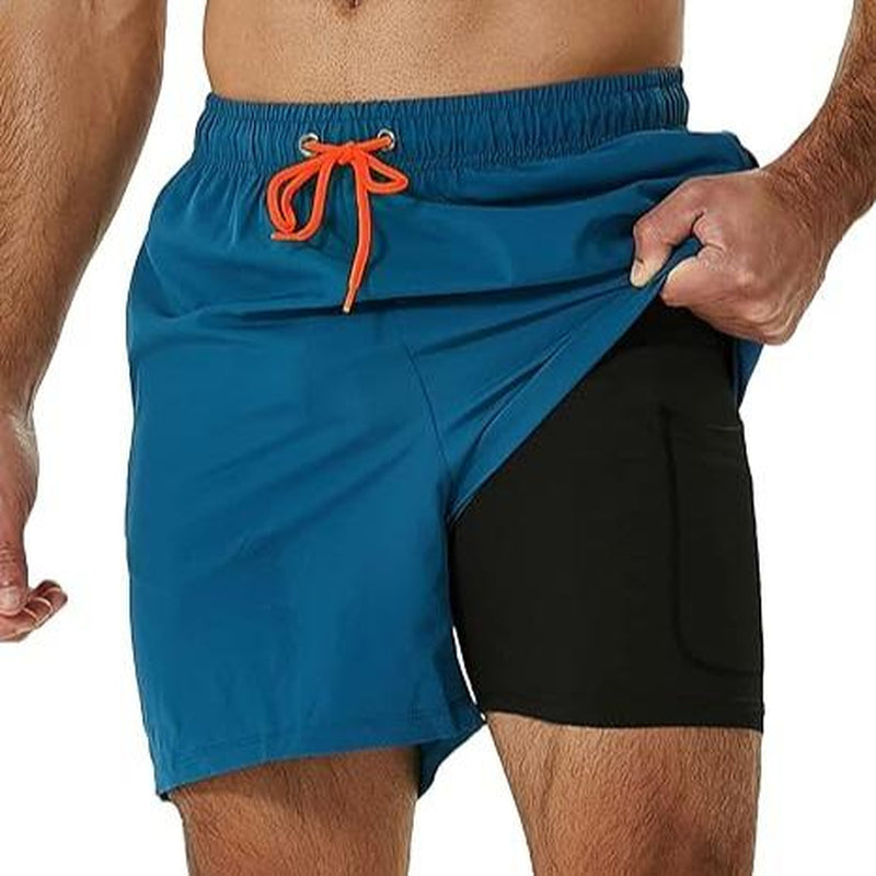 SILKWORLD Mens Shorts with Compression Liner 2 in 1 Quick-Dry Hawaiian Beach Shorts Suit Swimwear Drawstringwith Bathing Suits with Zipper Pockets
