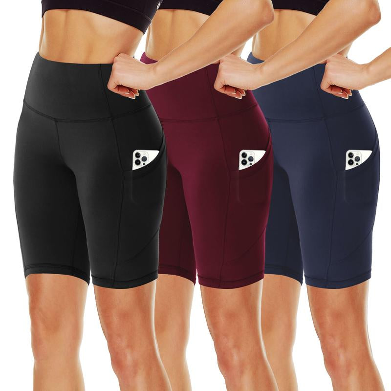 SHOWITTY 3 Pack Women'S Biker Shorts with Pockets, 11" High Waist Black Workout Sports Spandex Shorts for Gym Yoga Running Summer Clothes