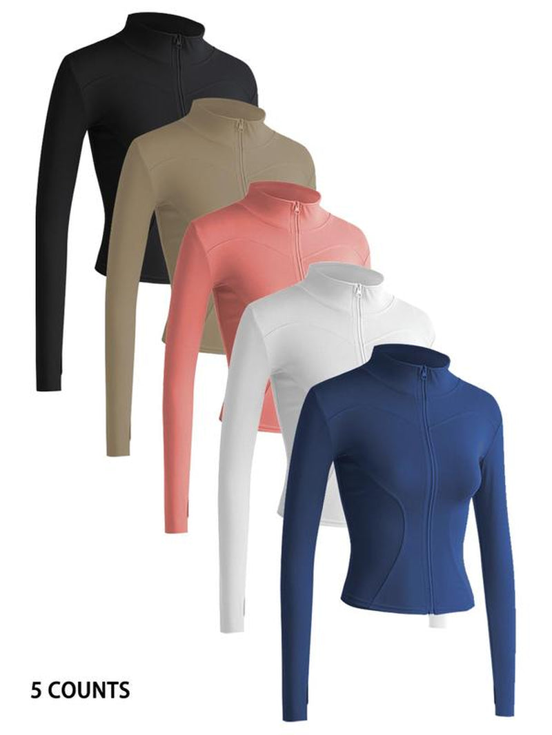 Women'S Thumb Holes Solid Zip up Mock Neck Spring Sports Jacket, Back to School Outfits, Fashion Long Sleeve Sports Outerwear for Tennis Pickleball Gym Yoga Workout Running, Define Jacket, Bbl Jackets, Women'S Sportswear Sports Wear