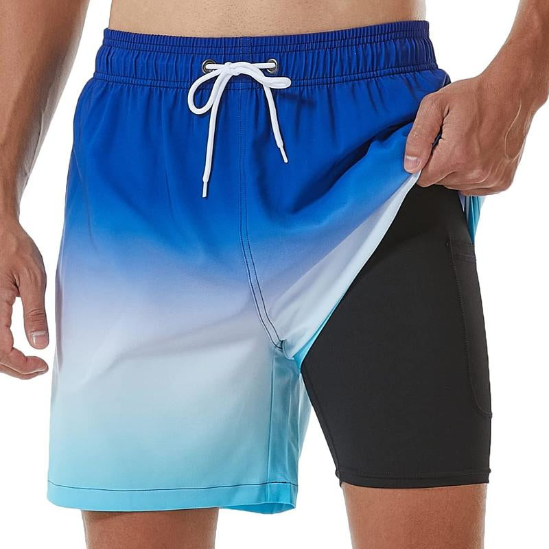 SILKWORLD Mens Shorts with Compression Liner 2 in 1 Quick-Dry Hawaiian Beach Shorts Suit Swimwear Drawstringwith Bathing Suits with Zipper Pockets
