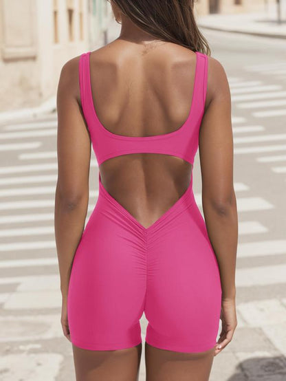 Women'S Solid Cut Out Backless Ruched Sports Romper with Removable Chest Pad Design, Gym Clothing, Comfy High Stretch Seamless Solid Sleeveless Scoop Neck Bodycon Tank Romper, Active Wear, Ladies Sportswear for Fitness Workout Gym, Back to School