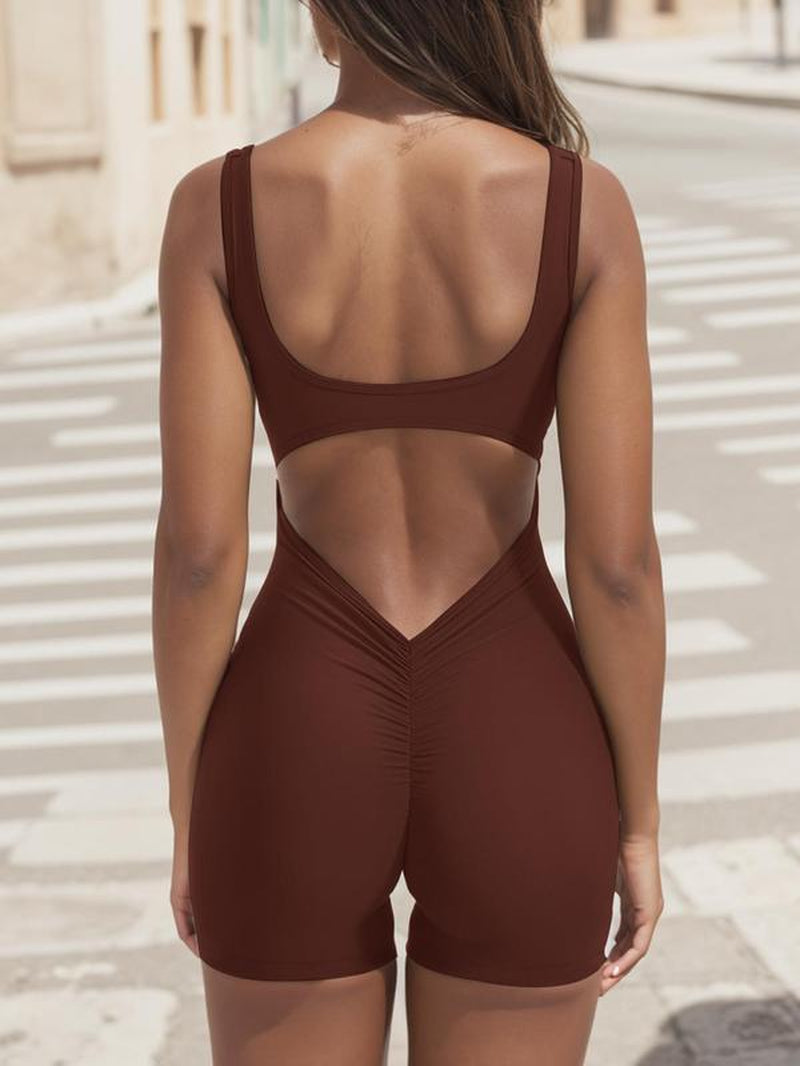 Women'S Solid Cut Out Backless Ruched Sports Romper with Removable Chest Pad Design, Gym Clothing, Comfy High Stretch Seamless Solid Sleeveless Scoop Neck Bodycon Tank Romper, Active Wear, Ladies Sportswear for Fitness Workout Gym, Back to School