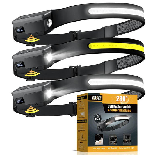 Rechargeable LED Headlamp, 1/2/3 Counts 230°Wide Beam Headlight with Motion Sensor, 90°Rotation & Removable Head Lights, 5 Mode Headlamp, Christmas Gift, Flashlight Headlamp