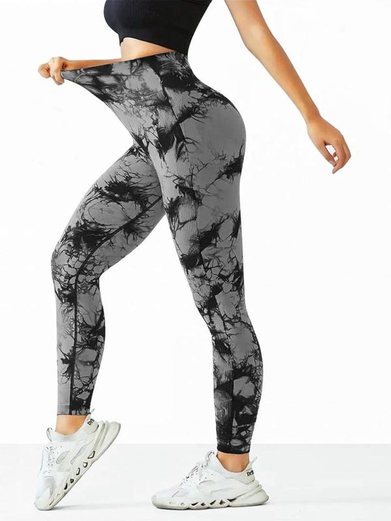 Women'S Tie Dye Print Ruched High Waist Sports Tummy Control Leggings, Sporty High Stretch Comfy Breathable Skinny Pants for Yoga Gym Fitness, Ladies Sportswear Bottoms