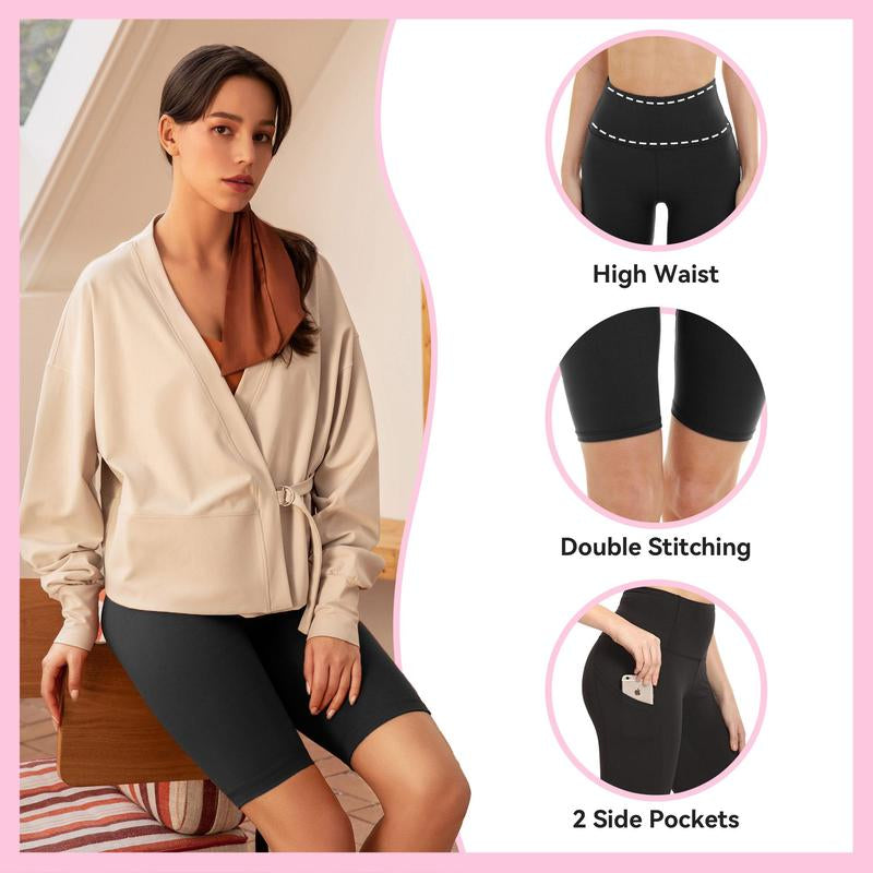 SHOWITTY 3 Pack Women'S Biker Shorts with Pockets, 11" High Waist Black Workout Sports Spandex Shorts for Gym Yoga Running Summer Clothes