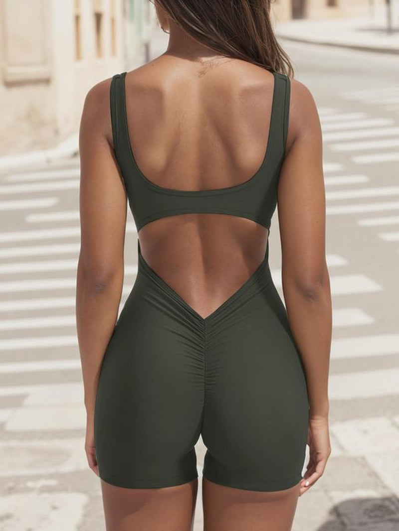 Women'S Solid Cut Out Backless Ruched Sports Romper with Removable Chest Pad Design, Gym Clothing, Comfy High Stretch Seamless Solid Sleeveless Scoop Neck Bodycon Tank Romper, Active Wear, Ladies Sportswear for Fitness Workout Gym, Back to School